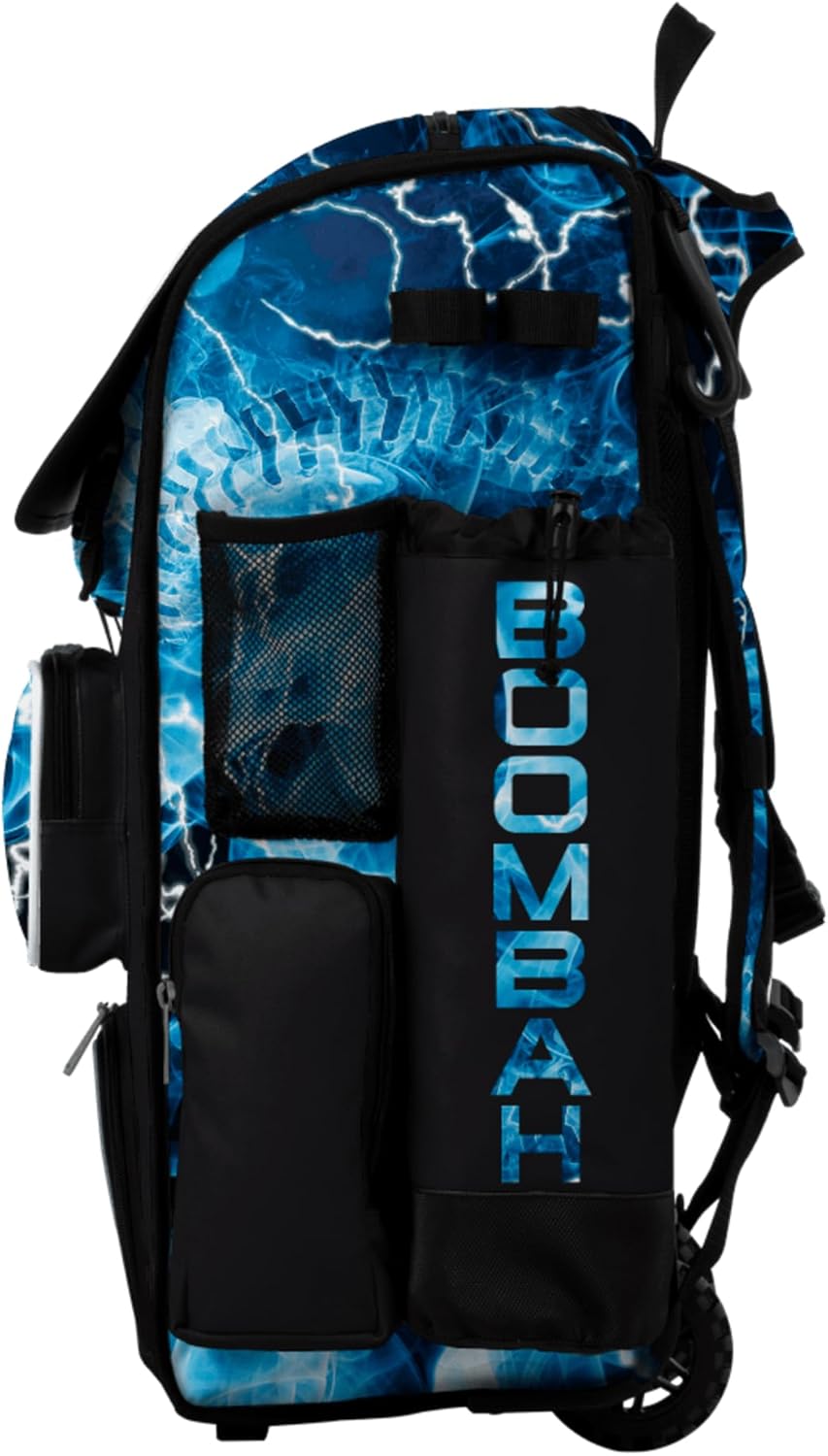 Boombah Superpack Hybrid Rolling Bat Bag - Wheeled & Backpack Version - The Natural 3 Black/White/Columbia Blue