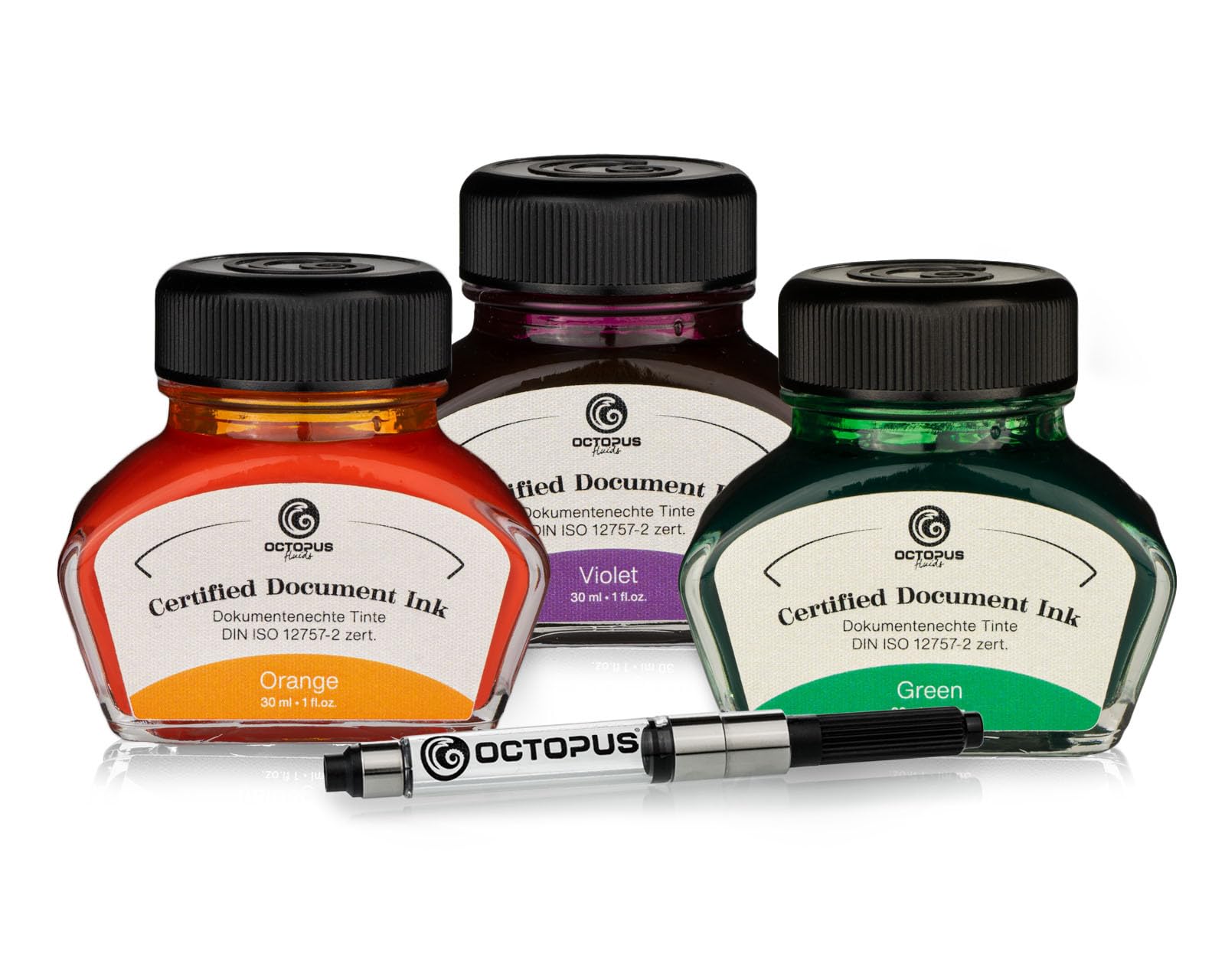 Octopus Fluids Document Ink Lot de 3 cartouches d'encre 30 ml orange, vert, violet, certifiée selon la norme DIN ISO 12757-2
