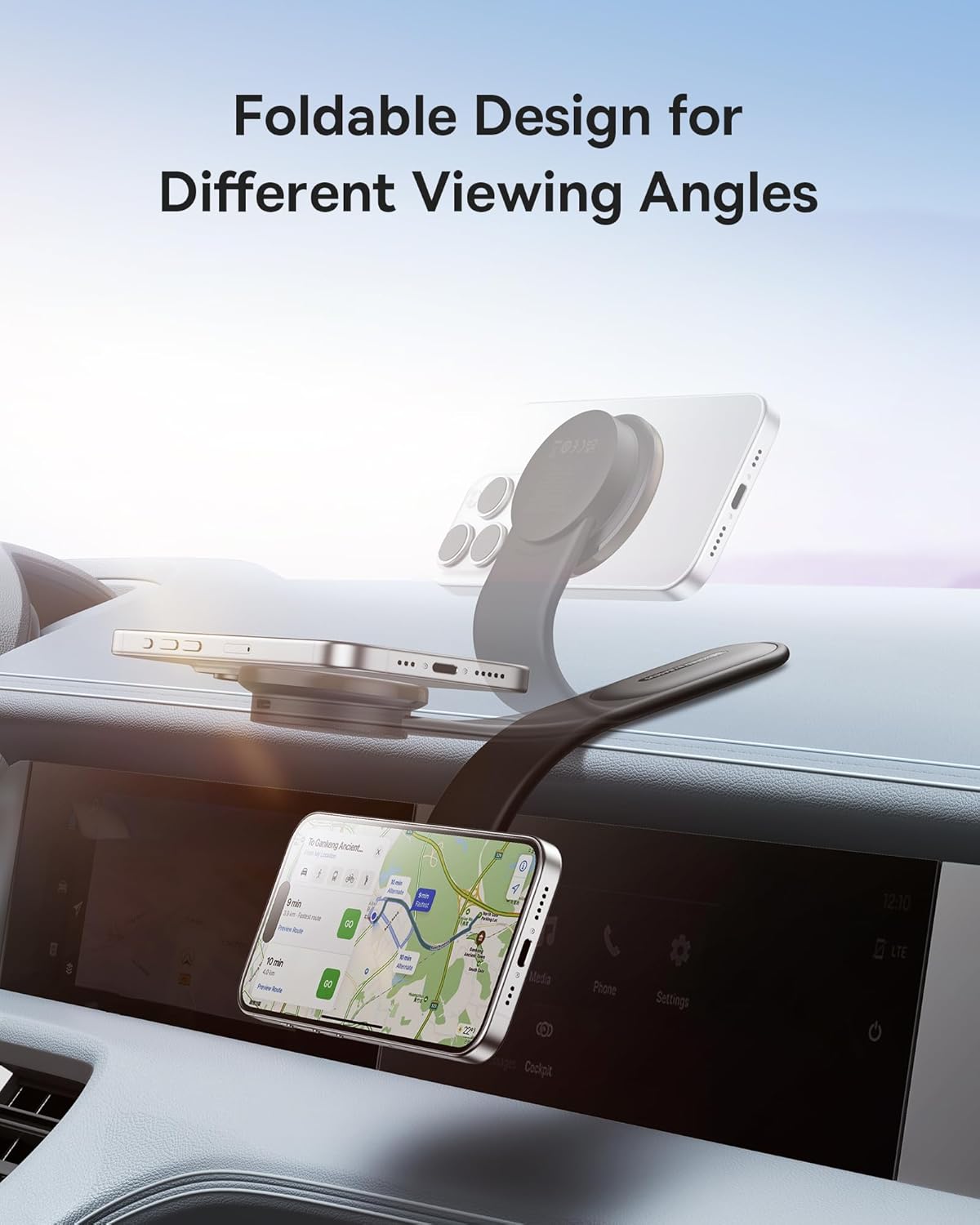 Baseus car mount with a phone attached, demonstrating its foldable design for different viewing angles