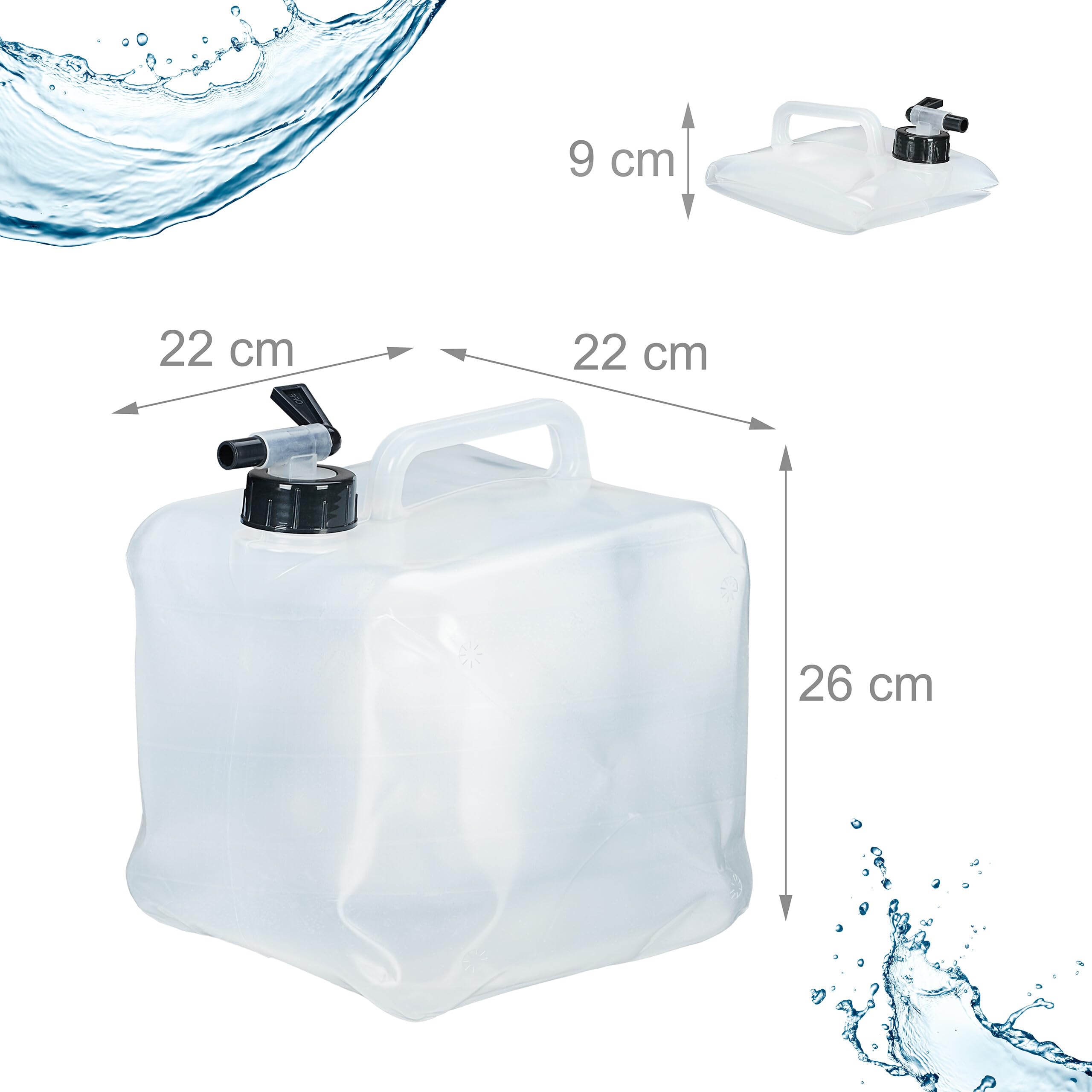 Relaxdays Jerricans carrés pliants en Lot de 4, Contenant à Eau, avec Robinet, sans BPA, 10 litres, Transparent