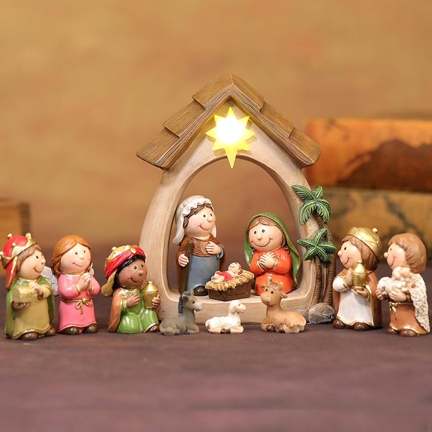 Christmas Nativity Set 12PCS/Set LED Nativity Scene & Holy Family Figurine Including Baby Jesus Mary and Joseph for Chistmas Tabletop Decor Sets & Figures for