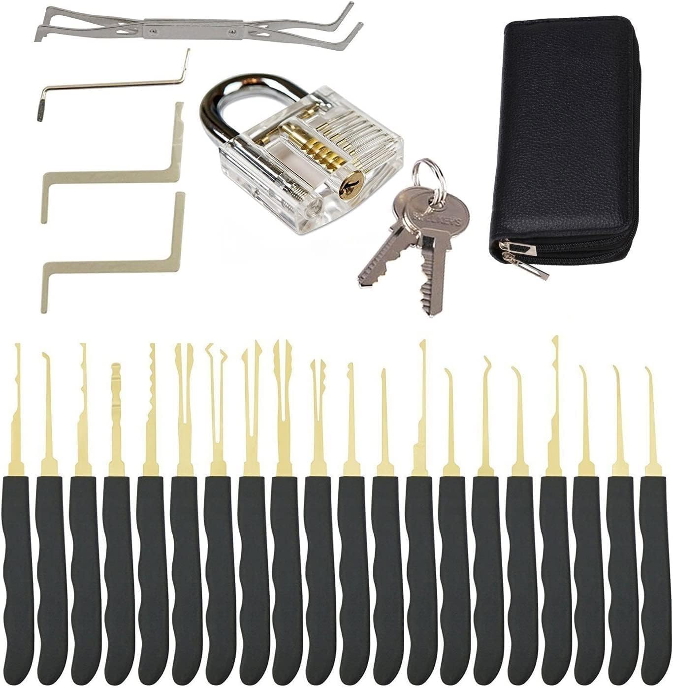 Lock Pick Set with Transparent Training Locks and Manual and Zip Case for Lockpicking, Extractor Tool Lock Pick Tool Kit for Beginner and Locksmith Training