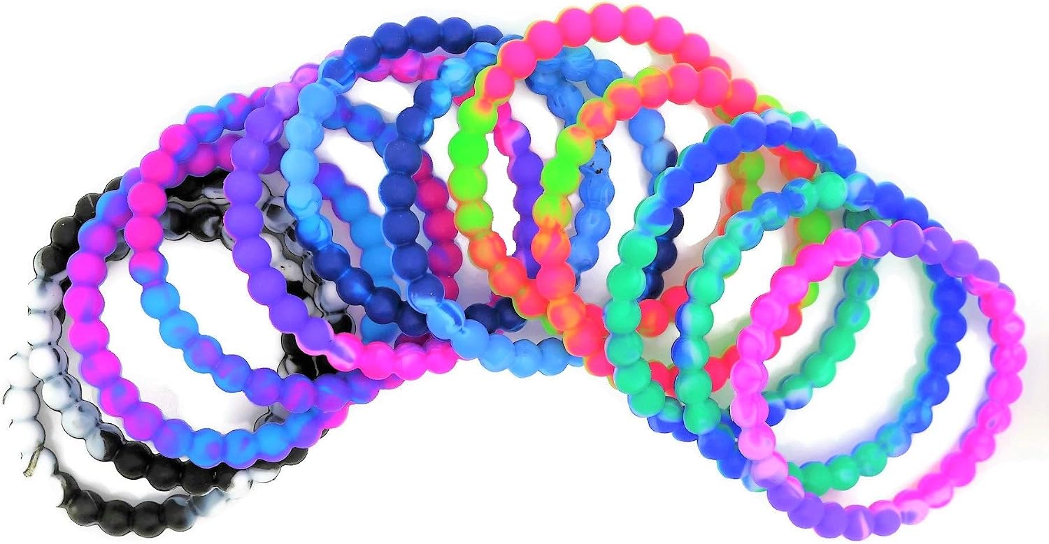 Zugar Land Colorful Tie Dye Bead Rubber Bracelets (12 Pack) 8". Perfect for Party Favors, Carnival Prizes, Goodie bags, Fundraisers, Giveaways, etc.