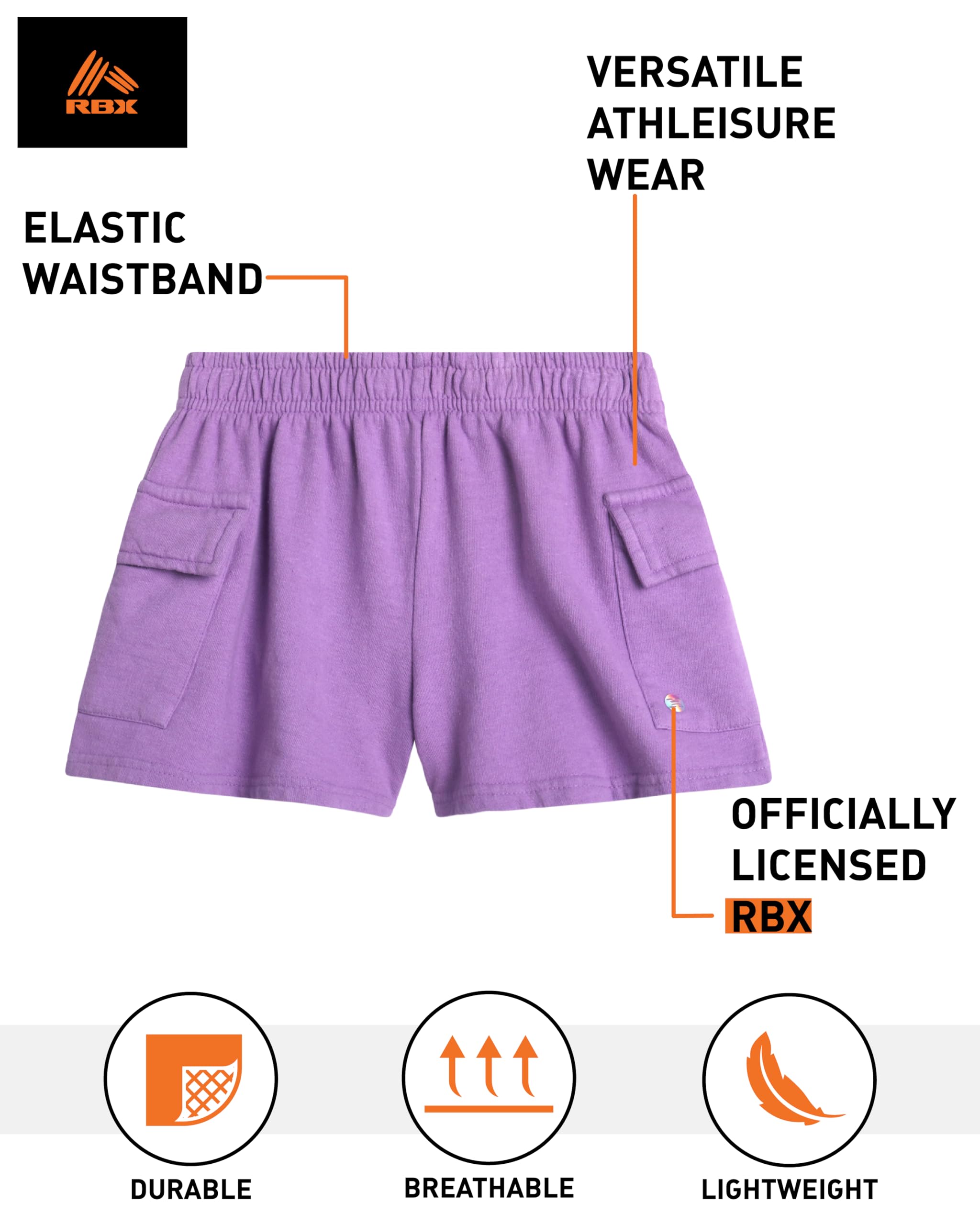 RBX Pantalones cortos activos para niña, pantalones cortos de forro polar de rendimiento con bolsillos, bonitos pantalones cortos cargo casuales de verano para niñas (5-12)