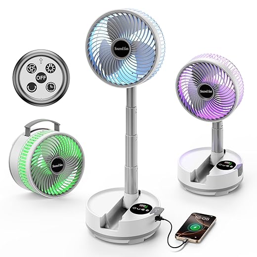 Socool 20000mAh Portable Fan Foldable Wireless Battery Rechargeable with 8-Speed & 112H, 90° Osciliating Floor Standing Fan Remote, Desk Fan with 8H Timer & LED Light for Home Kitchen Travel Camping