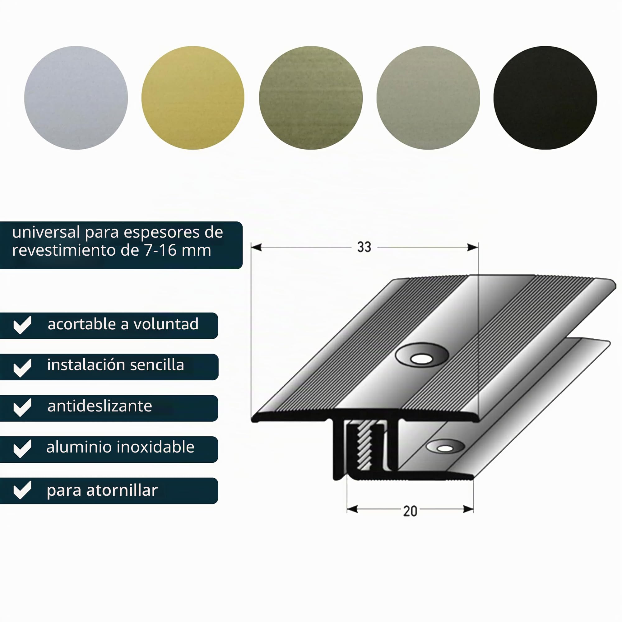 Perfil de transición ufitec® TPL Profi para parquet y suelos laminados - Ancho de cobertura: 33 mm - en dos piezas, atornillable y apto para espesores de suelo de 7 a 16 mm