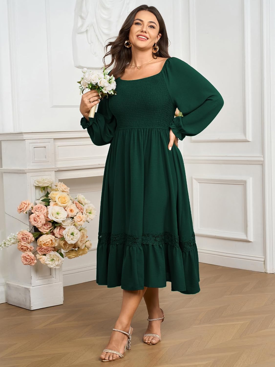 SCOMCHIC Womens Plus Size Fall Dresses Long Sleeve Square Neck Wedding Guest Smocked Flowy Boho Country Western Maxi Dress - Image 4