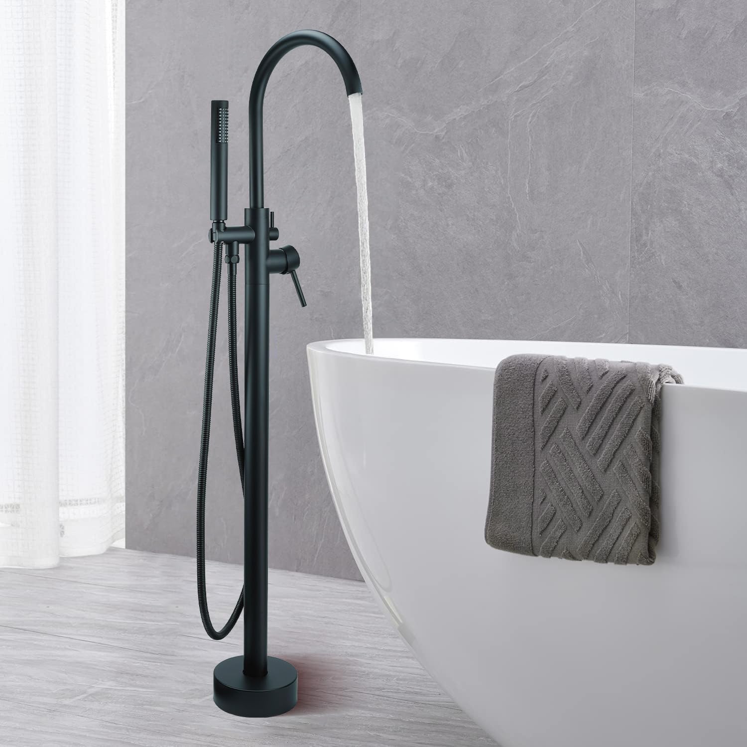 Grifo de bañera independiente, grifo de bañera independiente de montaje en suelo, relleno de bañera independiente de latón, grifo mezclador de ducha de alto flujo, negro mate
