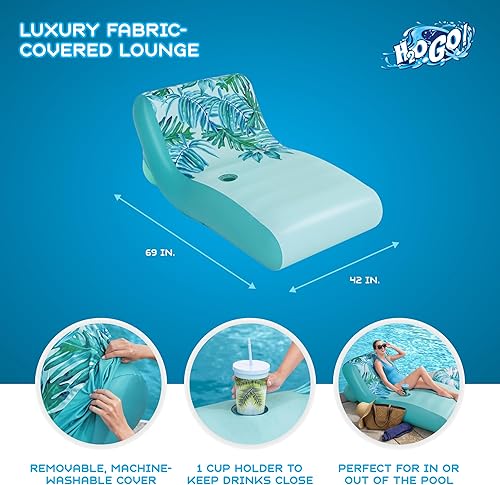 Miniatura 2 de H2OGO! Blissful Drifter Lounge - 69 x 42 pulgadas, patrón tropical azul-amarillo, flotador inflable para piscina, cubierta UPF extraíble lavable,