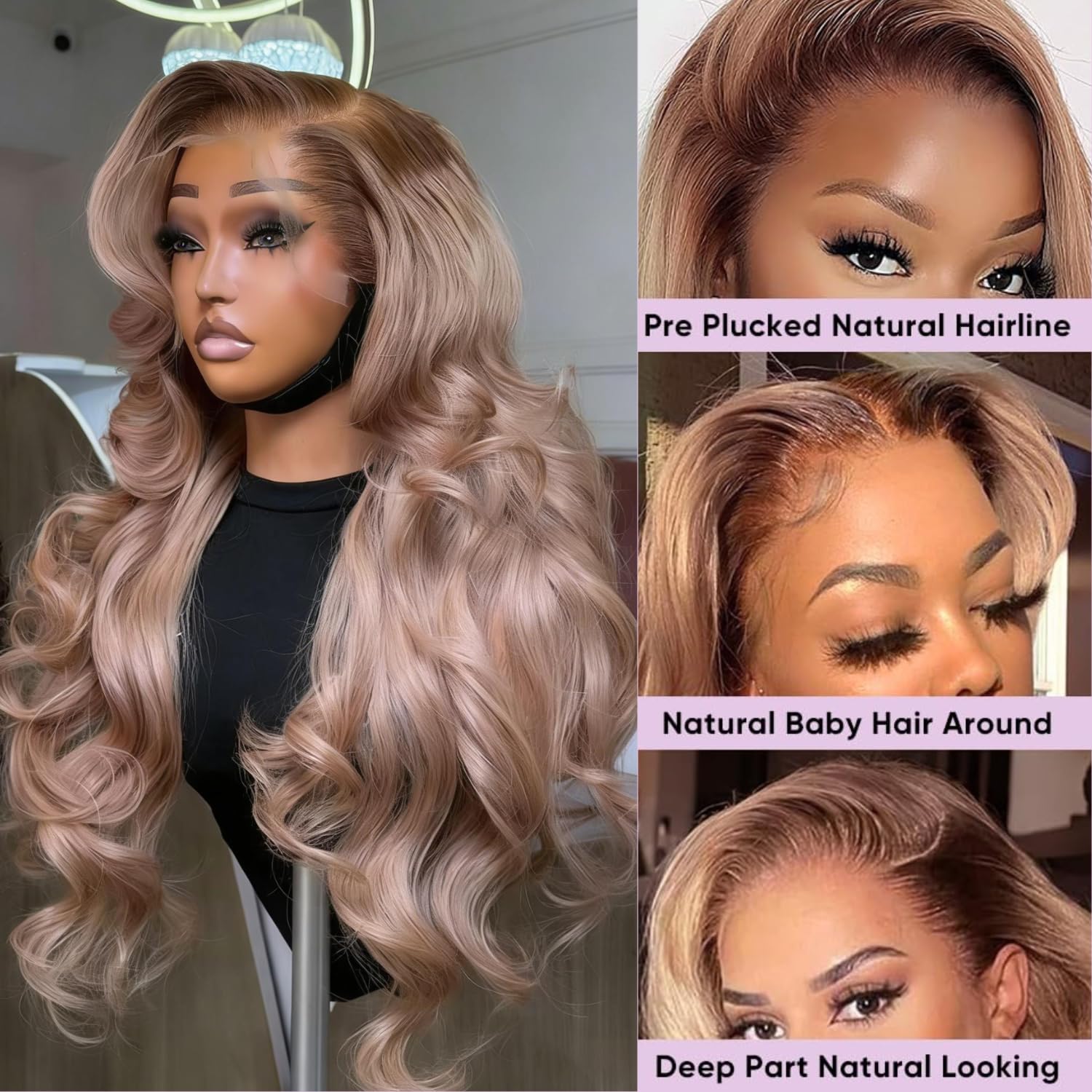 28 Inch Ombre Brown Roots Ash Blonde Wigs Human Hair Ash Blonde Body Wave 13x6 Lace Front Wig Human Hair 180% Density Pre Plucked Colored Wig for Women
