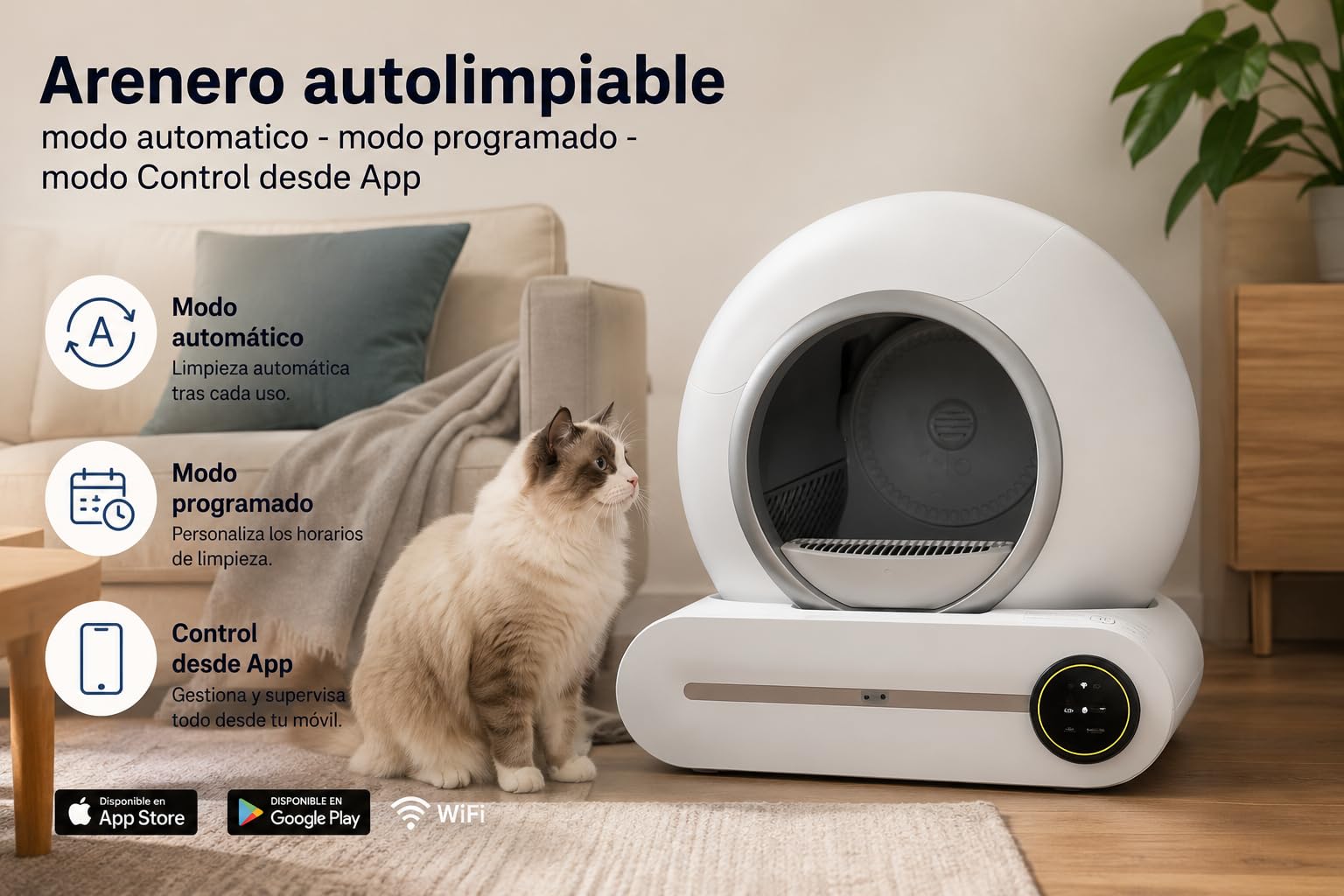 Arenero Autolimpiable para Gatos con App, Caja de Arena Automática 65L, Control de Olores, Monitor de Salud y Peso, Ultra Silencioso, Incluye Repuesto Base DE Arena Y Bolsas| Versión 2026