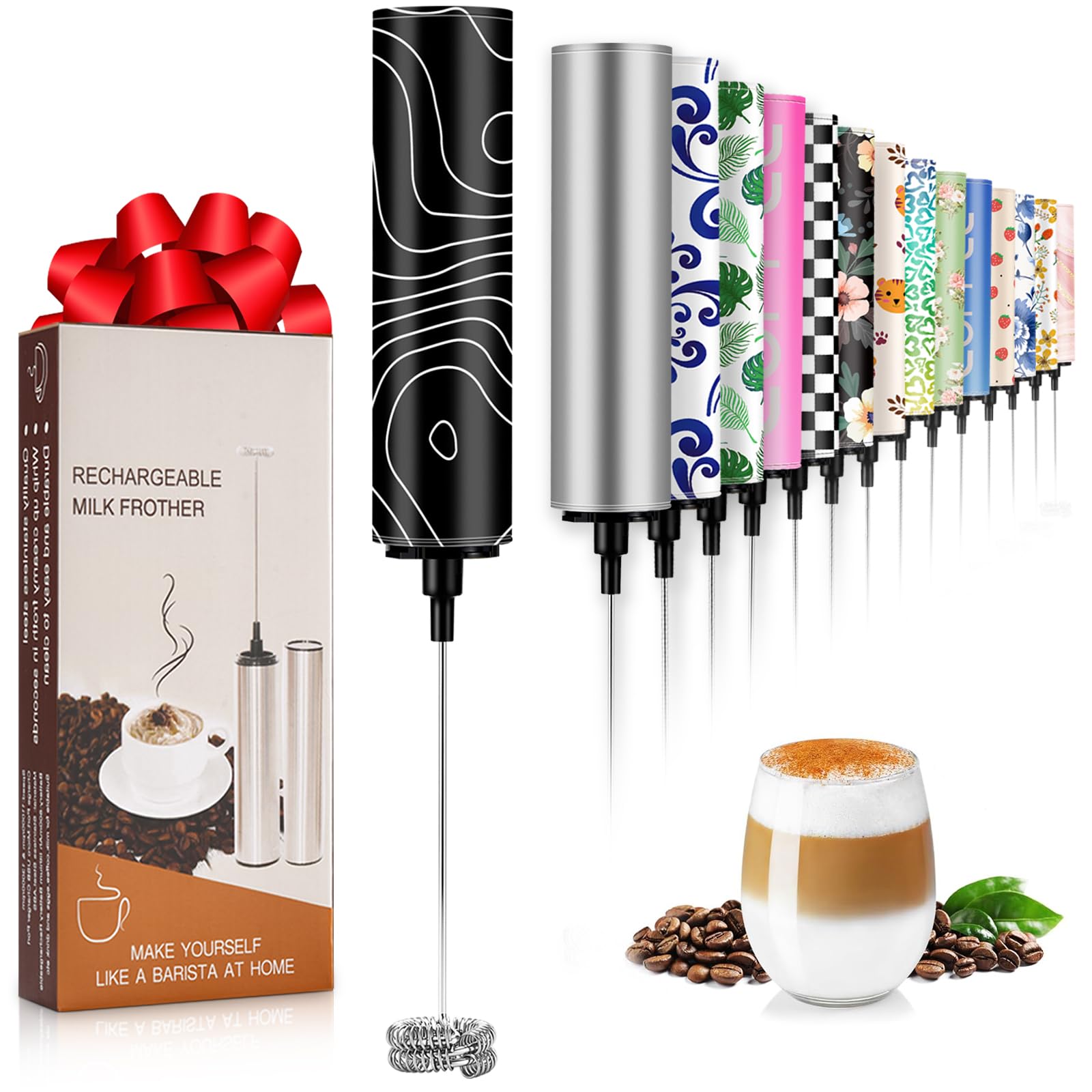 Milk Frother Handheld Rechargeable - 2-Speed Electric Whisk with 5 Detachable Heads (Frother/Mixer/Whisk) for Coffee, Latte, Cappuccino &amp; Matcha, Drink Mixer (Flower 18)