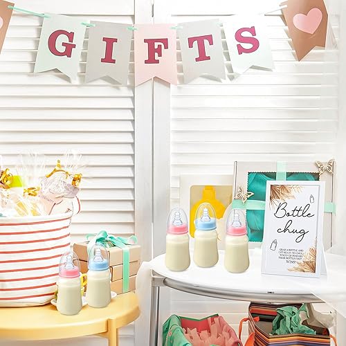 Miniatura 6 de Roowest Bottle Chug Baby Shower Game Favores Incluyendo Botella Temática Boho Chug Game Cartel de madera y 18 biberones rosa y azul para baby