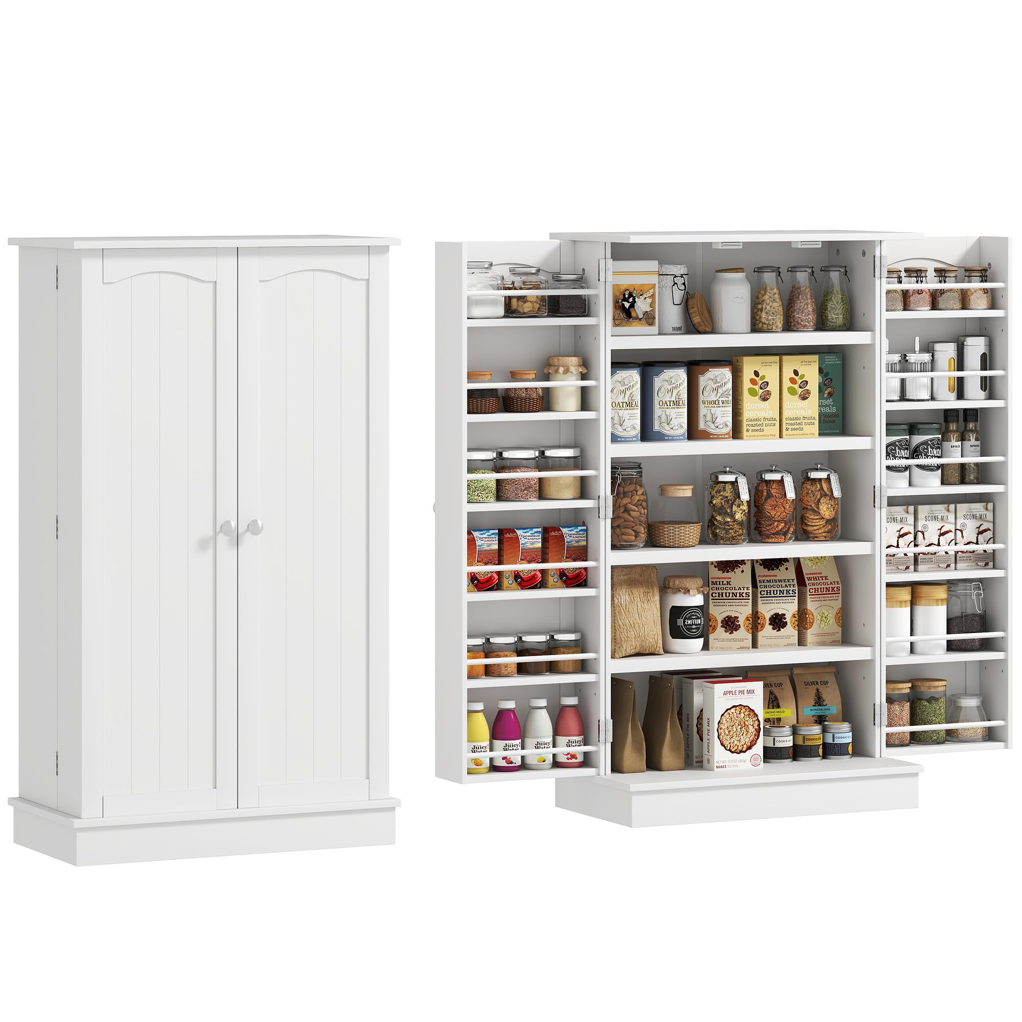 HOMCOM 41" Kitchen Pantry Storage Cabinet, Freestanding Kitchen Cabinet with 12 Door Shelves, Double Doors, 5-Tier Shelving and Adjustable Shelves, White