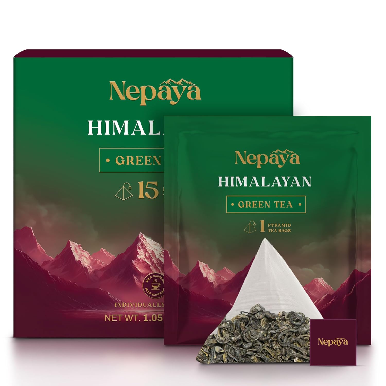 Nepaya Himalayan Green Tea Bag, Natural Pure Green TeaBag, Low Caffeine, Whole Leaf Tea, High-Grown Nepal Green Tea, Biodegradable 50 Pyramid TeaBags for Hot or Iced Tea