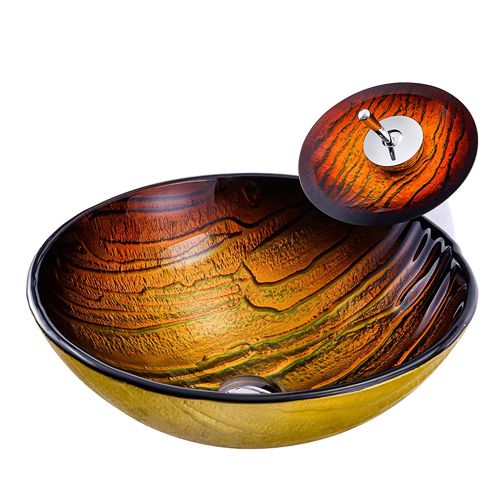 WOTZOV Bathroom Vessel Sink Artistic Tempered Glass Vessel Sink Round Orange And Gold Vessel Bowl Sink Countertop Vanity Vessel Sink,