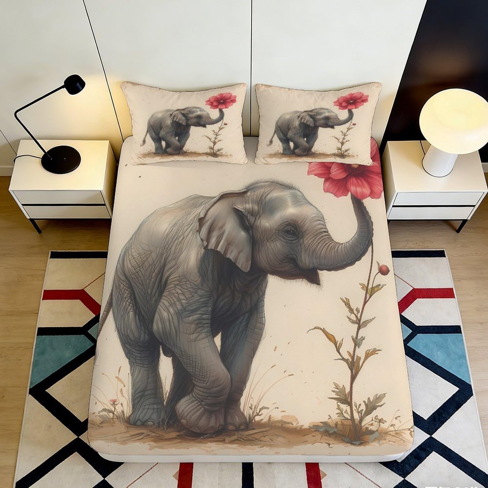3D Printed Elephant Design Fitted Sheet Microfiber Deep Pocket Bedroom Bedding Elephant Mattress Fitted Cover Washable 90x200x25cm