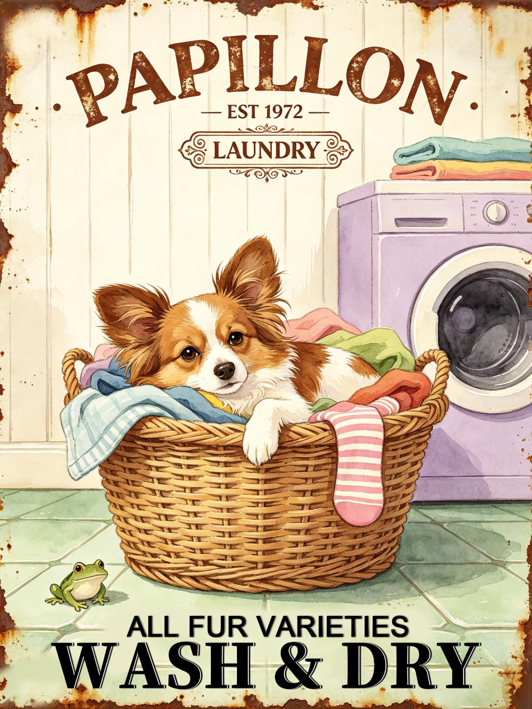 Vintage Papillon Dog Laundry Tin Sign 30x40cm