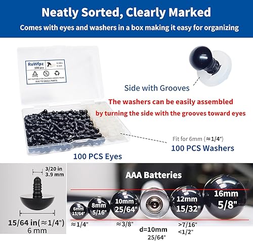 Miniatura 2 de Ojos de seguridad para Amigurumi Crochet de 0.236 pulgadas, 100 unidades, ojos de peluche RuWfpz con arandelas, ojos de plástico para animales de