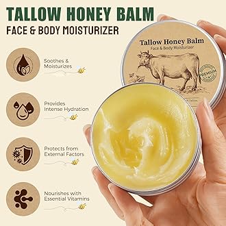 Beef Tallow Skin Care, 70g Tallow Face Cream Moisturiser, 100% Natural Tallow and Honey Cream for Face, Body, Hands, Deeply Nourishing Organic Grass-Fed Tallow Balm, Anti-Aging Skincare