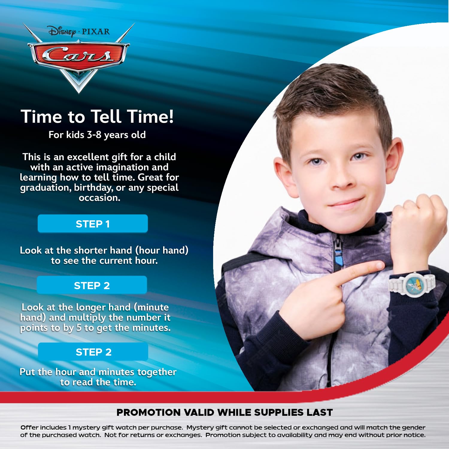Disney Pixar Cars Orologio per bambini dai 3 ai 7 anni con quadrante luminoso con personaggi - ottimo regalo per bambini - quadrante di facile lettura, lunetta grigia e cinturino in silicone grigio