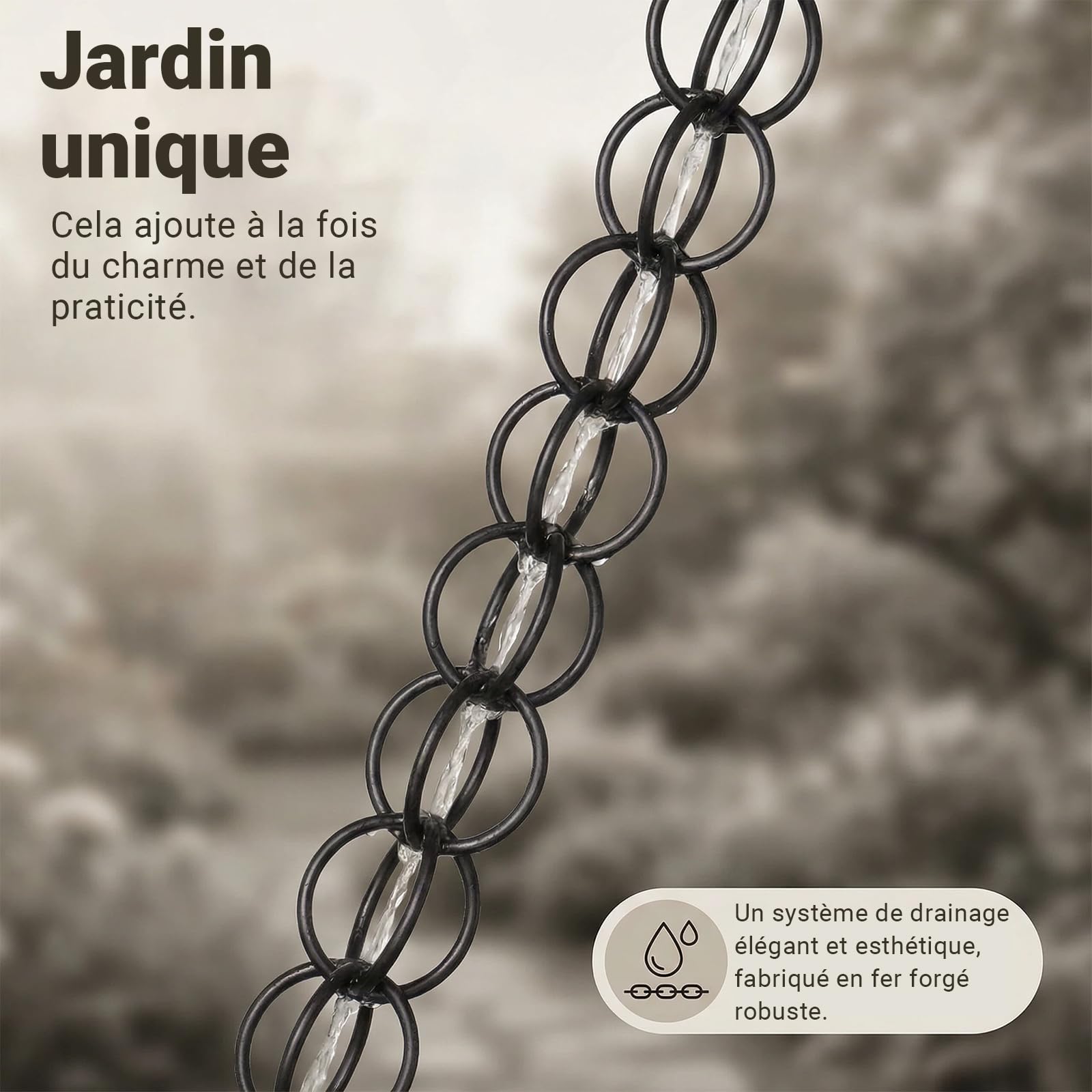 Chaînes de Pluie pour Jardin Extérieur, for Jardin/Cour/terrasse, Parfaite pour remplacer Les descentes de Pluie, Fonction De Drainage, Chaînes de Gouttière Cascade Noir 3m(10ft)