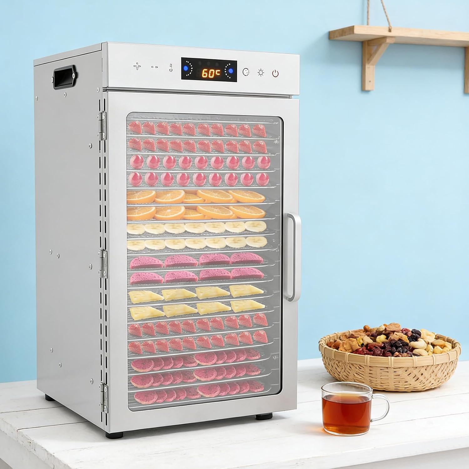 18-Layer Food Dehydrator Machine, Stainless Steel Fruit Dryer, Fruit Dryer Machine Adjustable Temperature 86-194℉, Food Dehydrator with 18 Trays for Drying Fruits, Vegetables, Meat