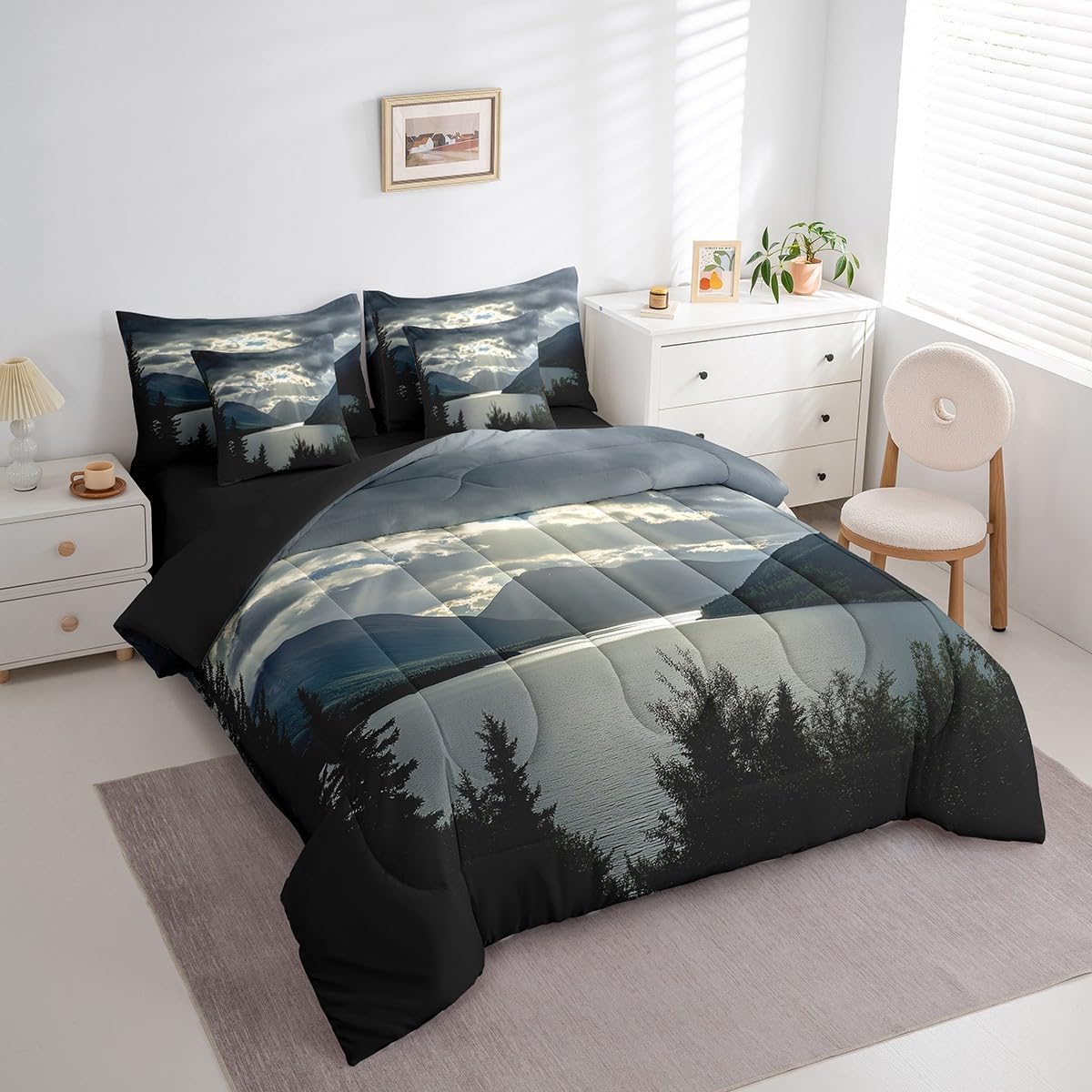 Erosebridal Nature Theme Twin Bedding Set 7 Piece Mountain Comforter Set with Sheets Lake River Trees Bed in A Bag for Kids Adults Reversible Natural Scenery Bed Set with Comforter,Pillow Covers