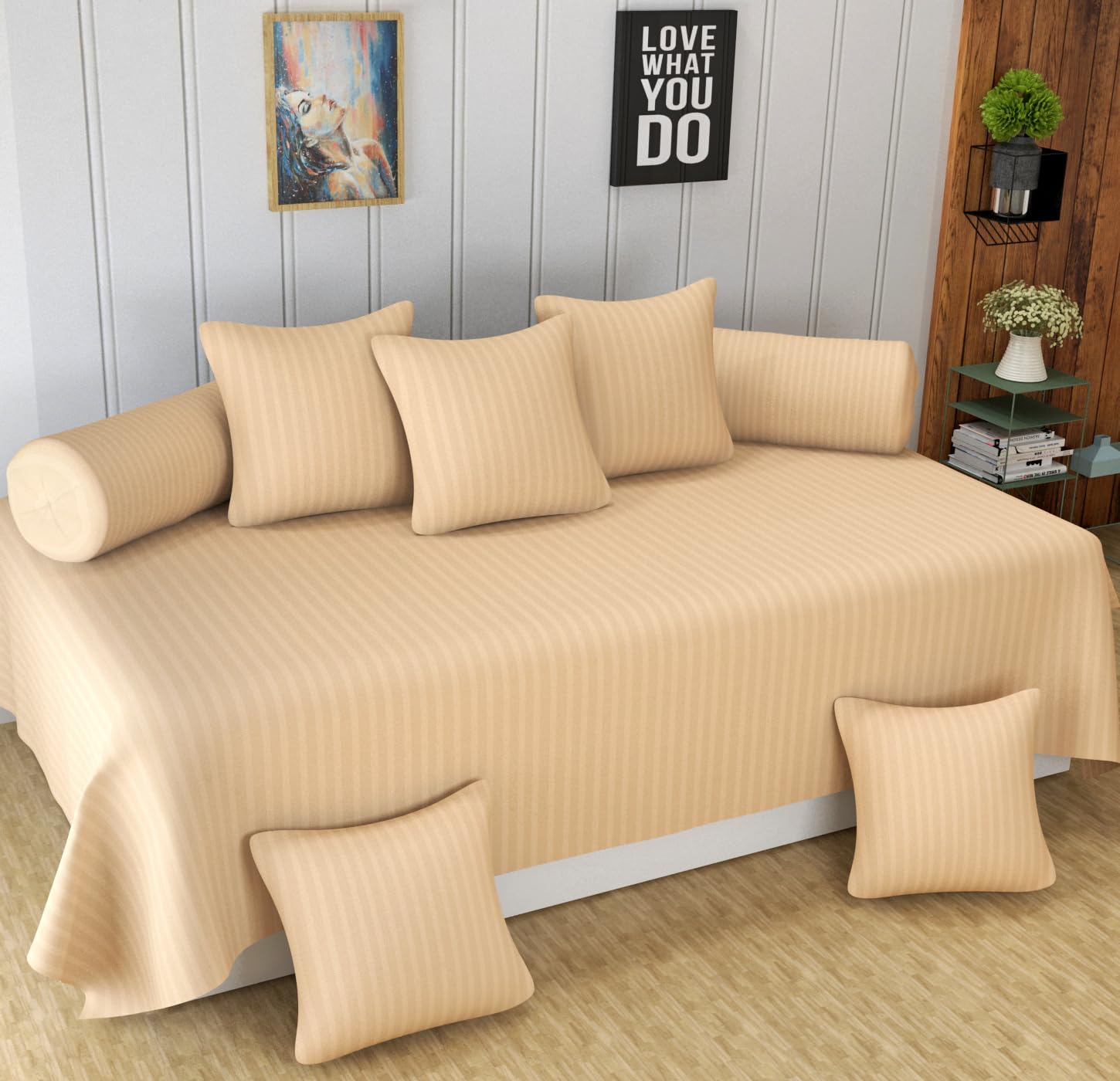 Homefab India 160 TC Stripe Glace Cotton Diwan Set - 8 Piece - Peach