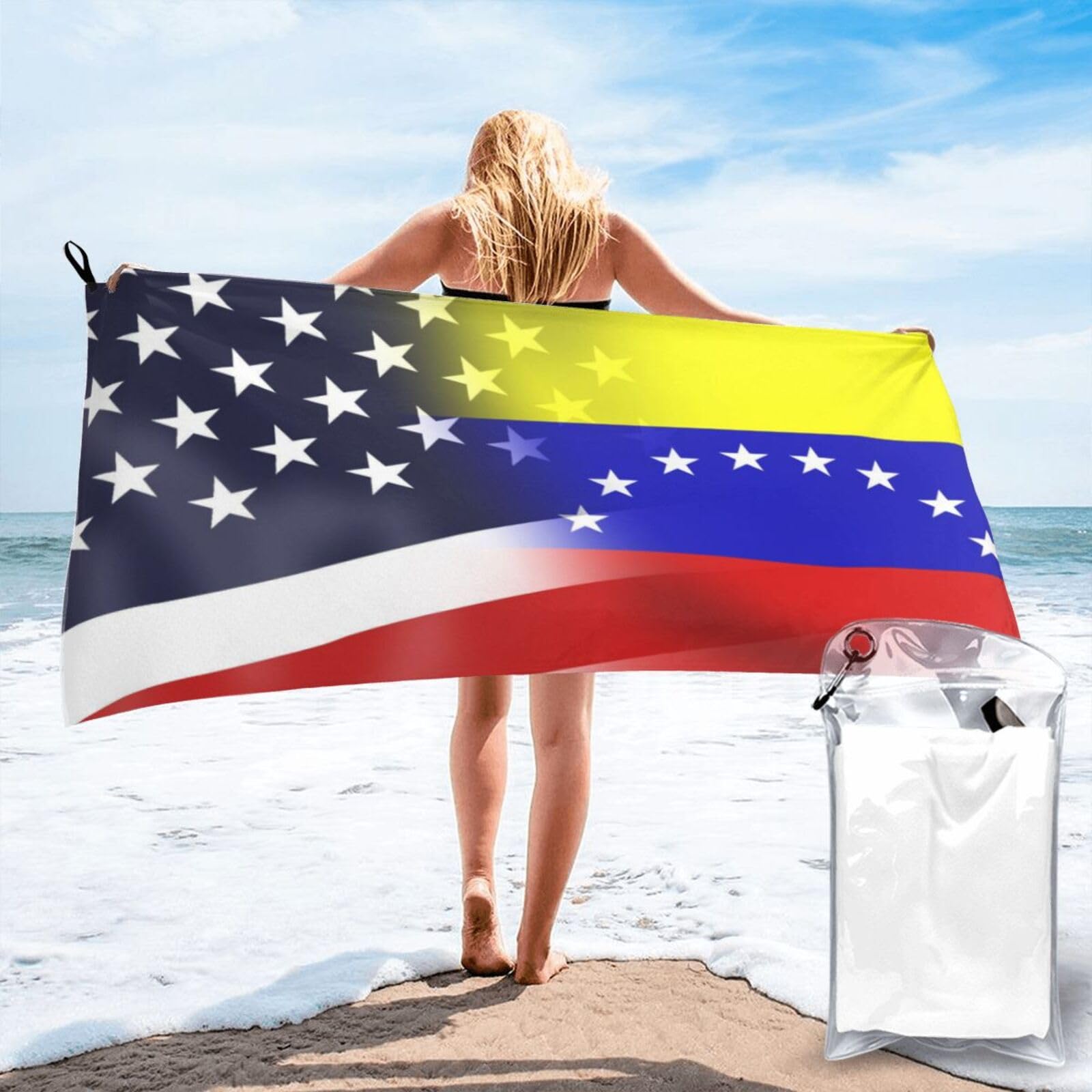 HACXZ Funny America Flag and Venezuela Flag Absorbent Beach Towel Microfiber Beach Shower Towel 31.5"X63"
