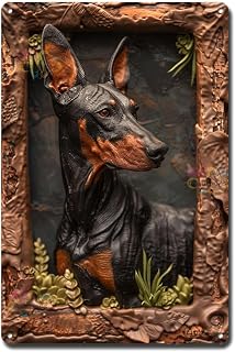 Decorative Tin Sign Wall Art Doberman Pinscher Clay Art Framed for Modern Home Entries Doberman Pinscher Enthusiast Areas and Security Themed Interiors Rustproof Easy Install 8×12 Inches