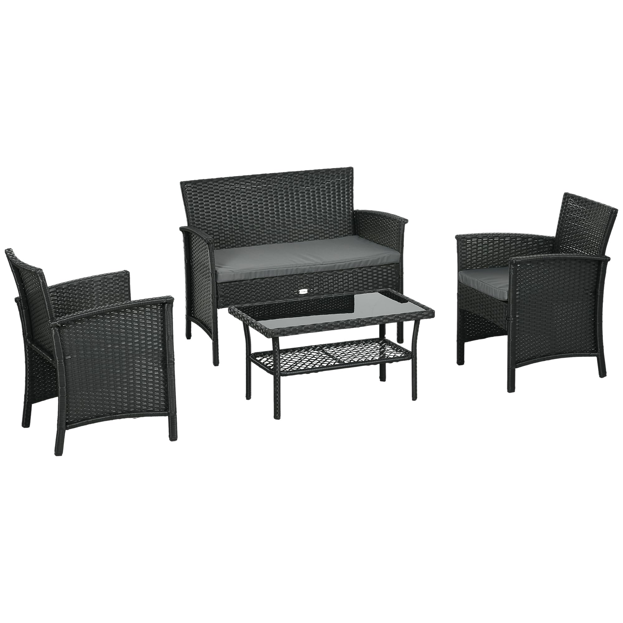 Outsunny Salotto da Esterno in Rattan PE da 4 Pezzi Nero e Grigio | Salottino da Giardino, Divanetto 2 Posti, 2 Poltrone con Cuscini, Tavolino in Vetro