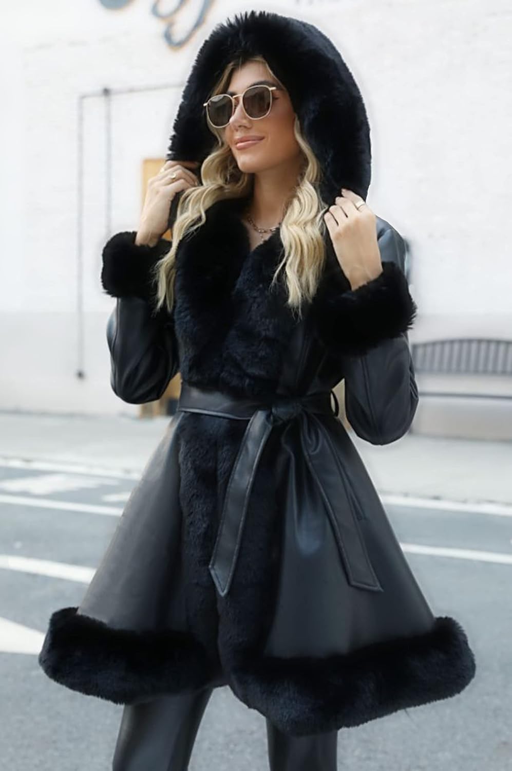 Bellivera Women's Wool Pea Coat Faux Fur Jacket Winter Warm Parka Overcoat with Belt - Image 6