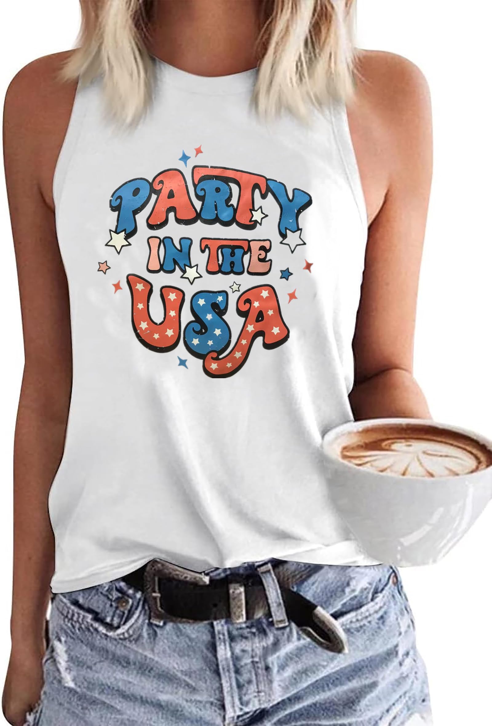 Party in The USA Tank Tops Women Retro 4th of July American Patriotic Shirt Sleeveless Independence Day Tee Tops