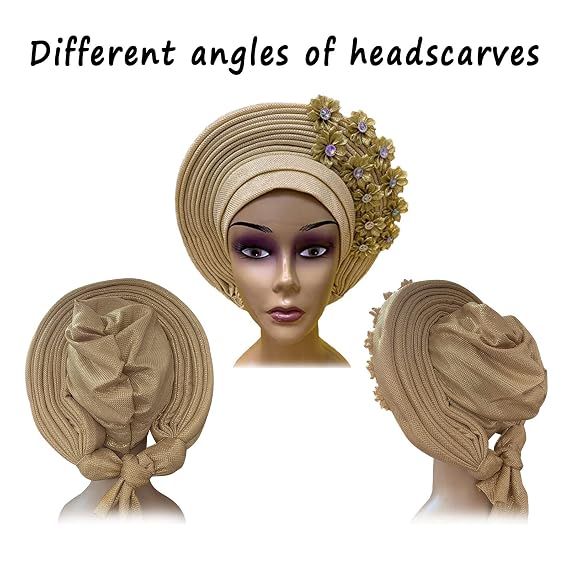 African Head Wraps Fashion Headbands Stones ASO Oke Auto Gele Headtie Already Made Women's Hats Caps for Wedding Party. (golden, Standard)