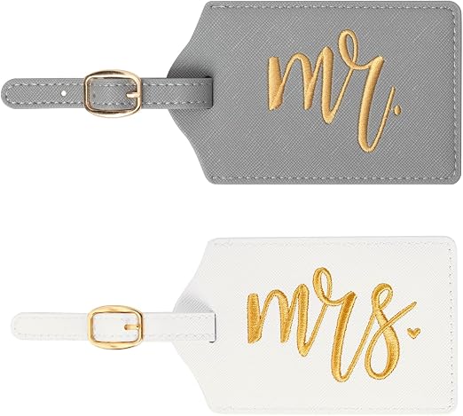 Mr and Mrs Luggage Tags Set, Embroidered Luggage Tags, Wedding, Honeymoon, Bridal Shower, Engagement Gifts, Travel Accessory for Couples, Newlyweds (Grey/Gold+White/Gold)