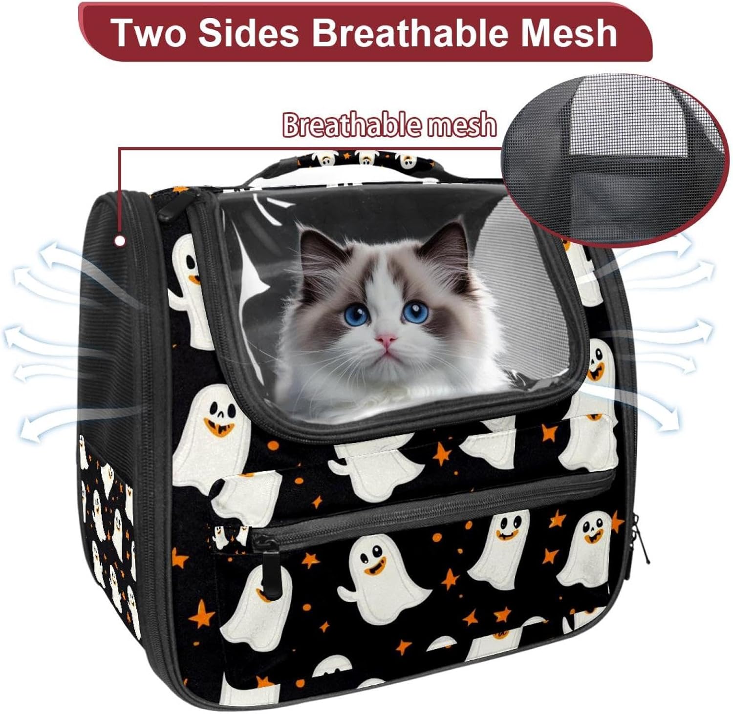 Portable Travel pet Backpack Carrier Hamster Bag Small Dog cat Carrier Breathable Hang Bag, Cute Ghosts Helloween 2