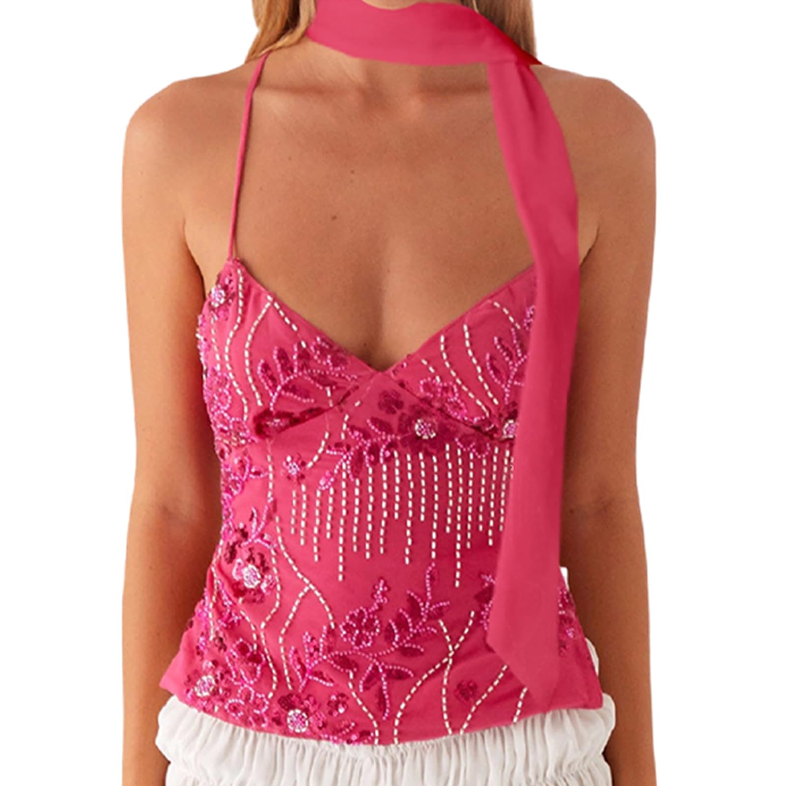 Women Sequin Beaded Cami Tops Sparkly Halter Neck Crop Tank Tops Rhinestone Embellished Cross Tie Backless Summer Vest Camisole (with Scarf-Rose Red, L)
