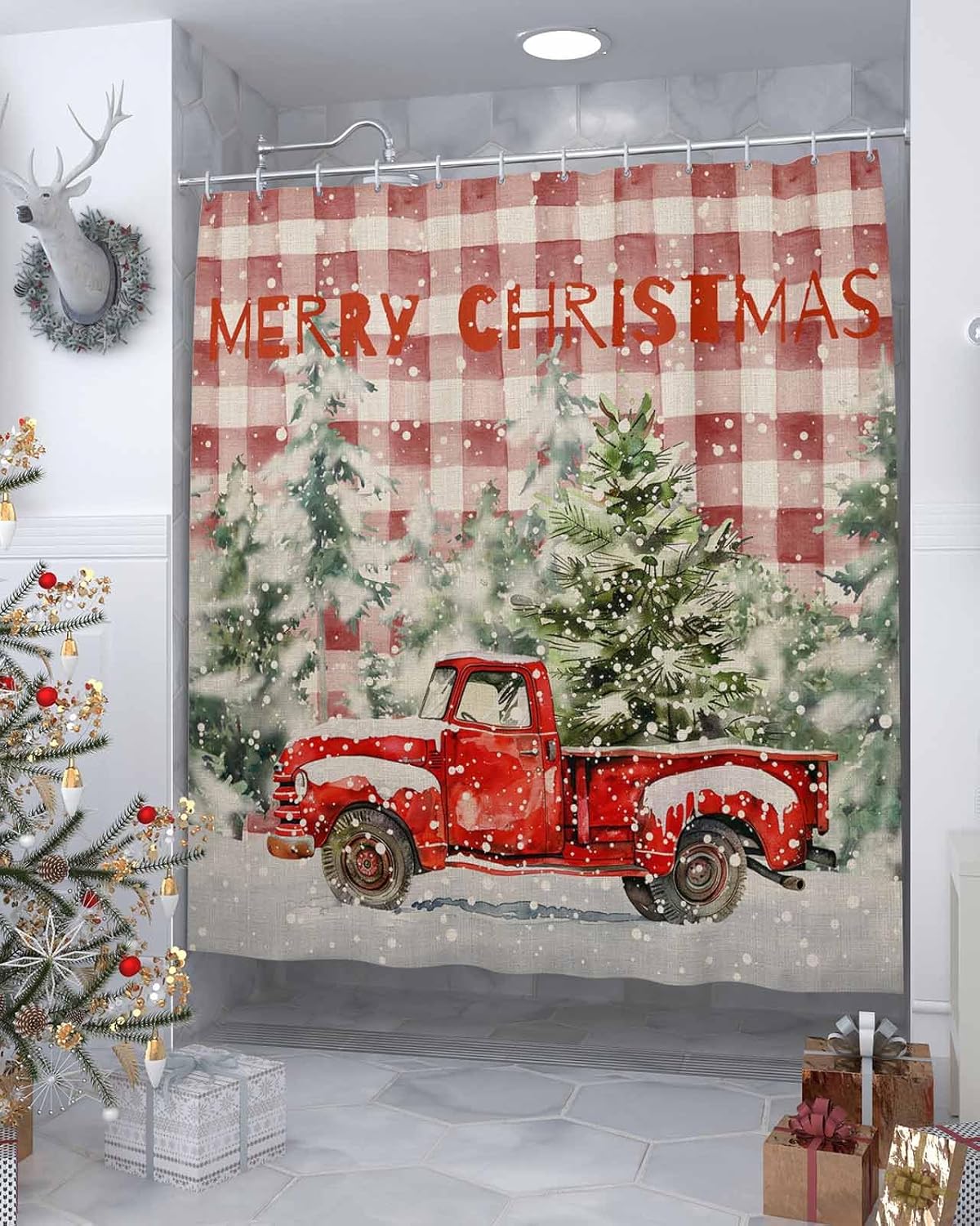 Christmas Truck Shower Curtain Set with Hook 66"x72",Snowy Pine Tree Xmas Buffalo Plaid Red Washable Cloth Polyester Fabric Shower+Curtain,Waterproof Bath Curtains for Bathroom,Showers,Bathtubs Decor