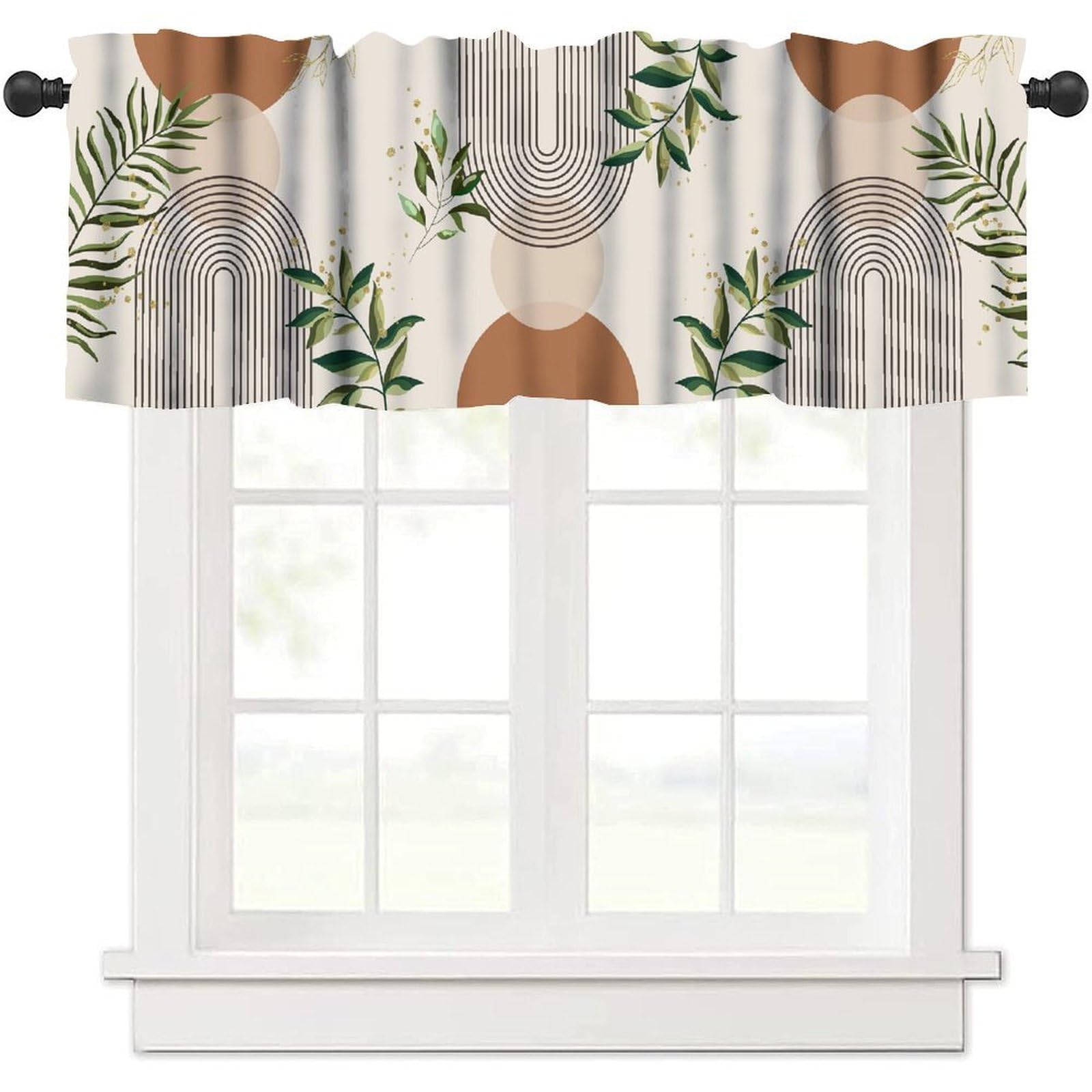 moderw Boho Sun Window Valance Curtains Mid Century Abstract Sun Leaves Minimalist Geometric Arch Window Treatment Valance for Farmhouse Kitchen Bedroom Living Room 54x18inch