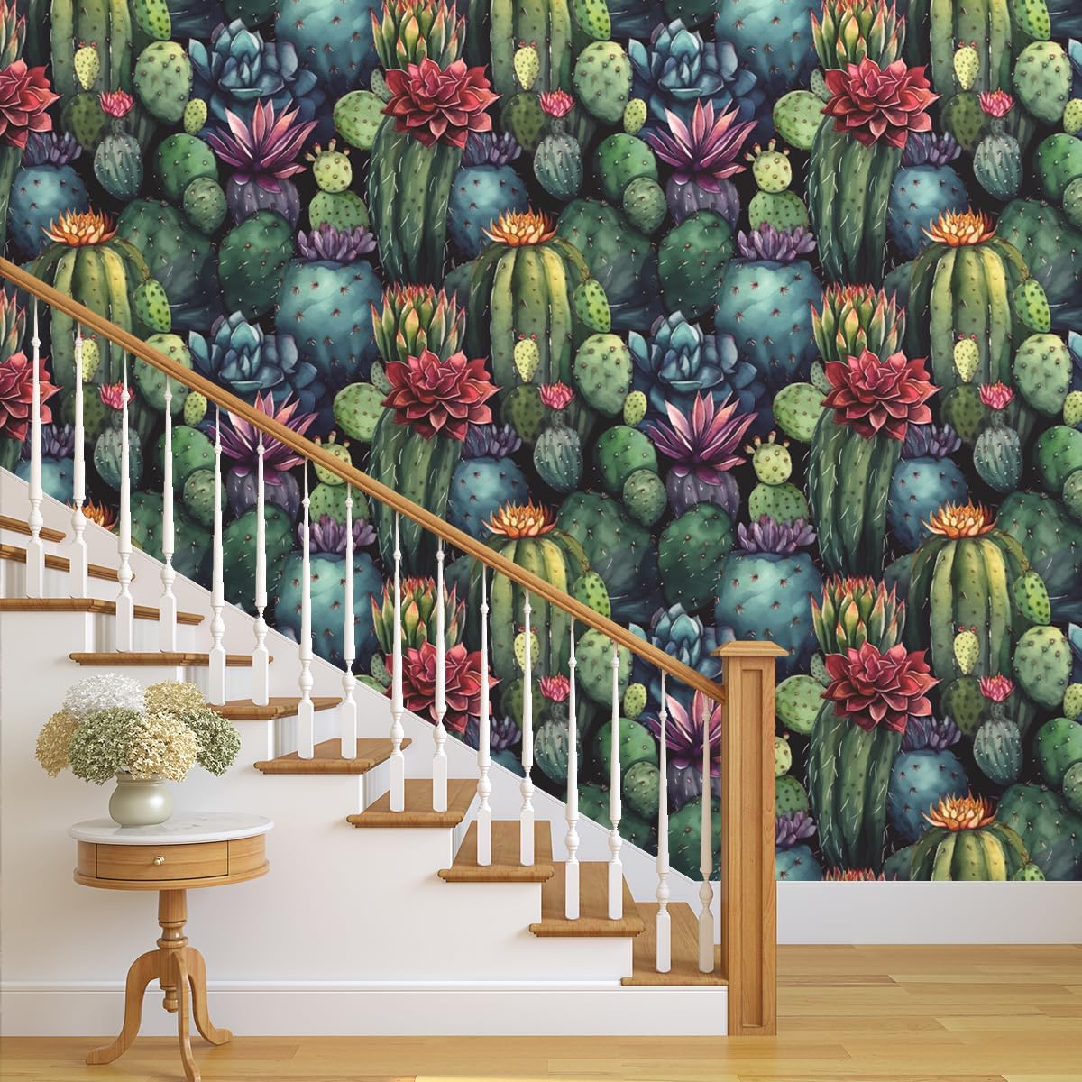 Desert Flower Wallpaper 17.71 "x 118.1" Peel and Stick Wallpaper Floral Cactus Green Plants Removable Wall Paper Modern Home Living Room Wall Decoration Kitchen Backsplash Bathroom Counter Cabinet