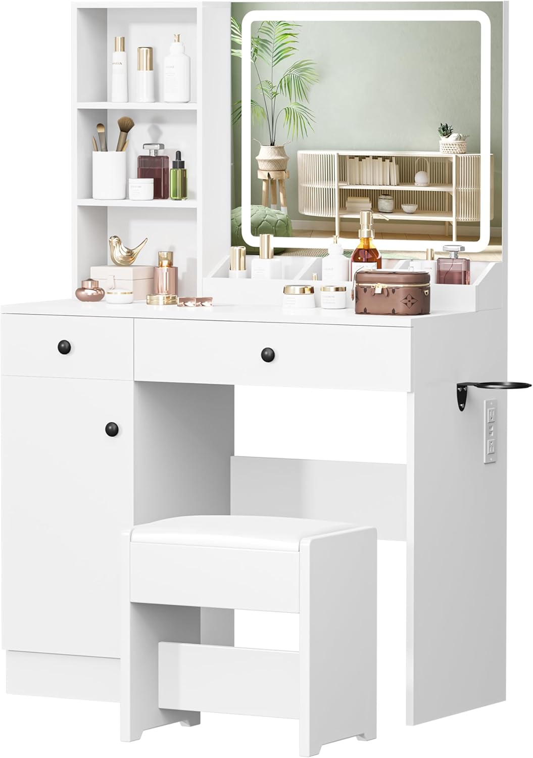 YIKEHOME White Vanity Table with Drawer Dresser, Women Vanity Makeup Desk with Charging Station, Vanity Desk with 3 Color Lights Mirror for Makeup, Vanity Desk with Storage Shelf & Drawers