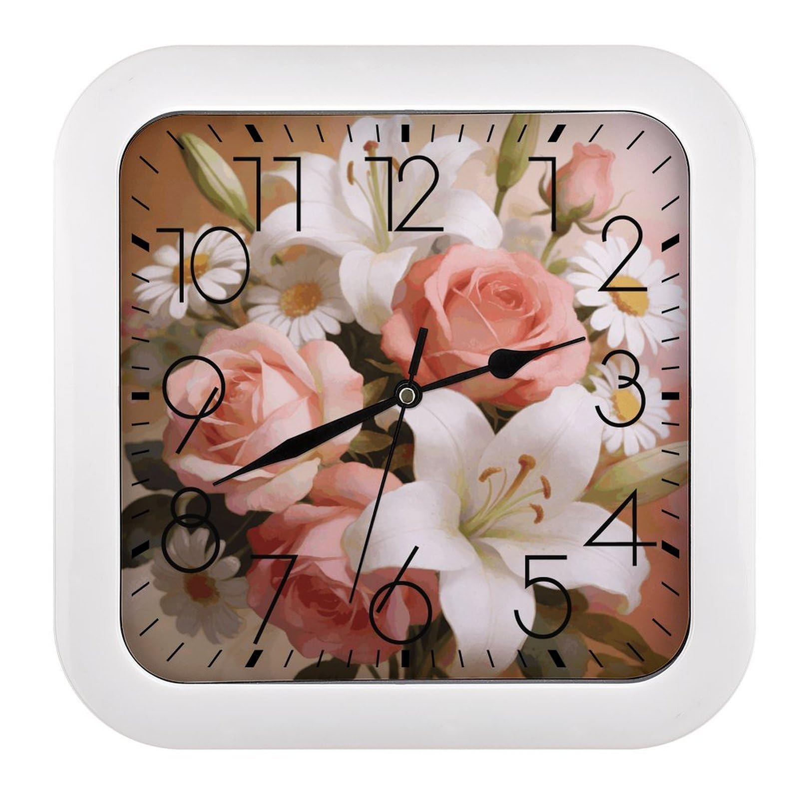 Fodpand Style Retro Floral Wall Clock,Battery Operated Modern Retro Rounded Square Clock Clock For Bedroom Living Room Office Home Gym Porch Decor Indoor Outdoor 10.2 * 10.2In