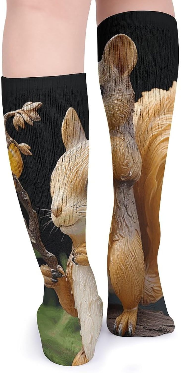 Breathable Crew Sock, Moisture Wicking, Athletic Calf Socks, Cozy | Resin Squirrel Compression Socks for Women Men, Lightweight High Work Socks for Business, Casual