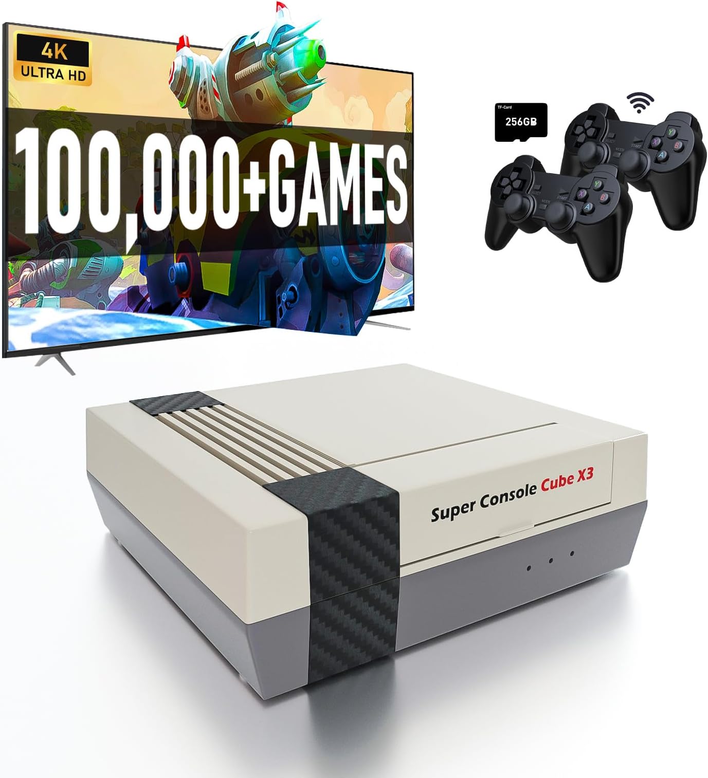 Retro Game Console Super Console Cube X3,100,000+Classic Video Games, 60+Emulators, Three Systems in One, S905X3 Chip, Cooling Fan, Support 4K Output,2 Wireless Gamepads, Gift for Friend/Family(256GB)
