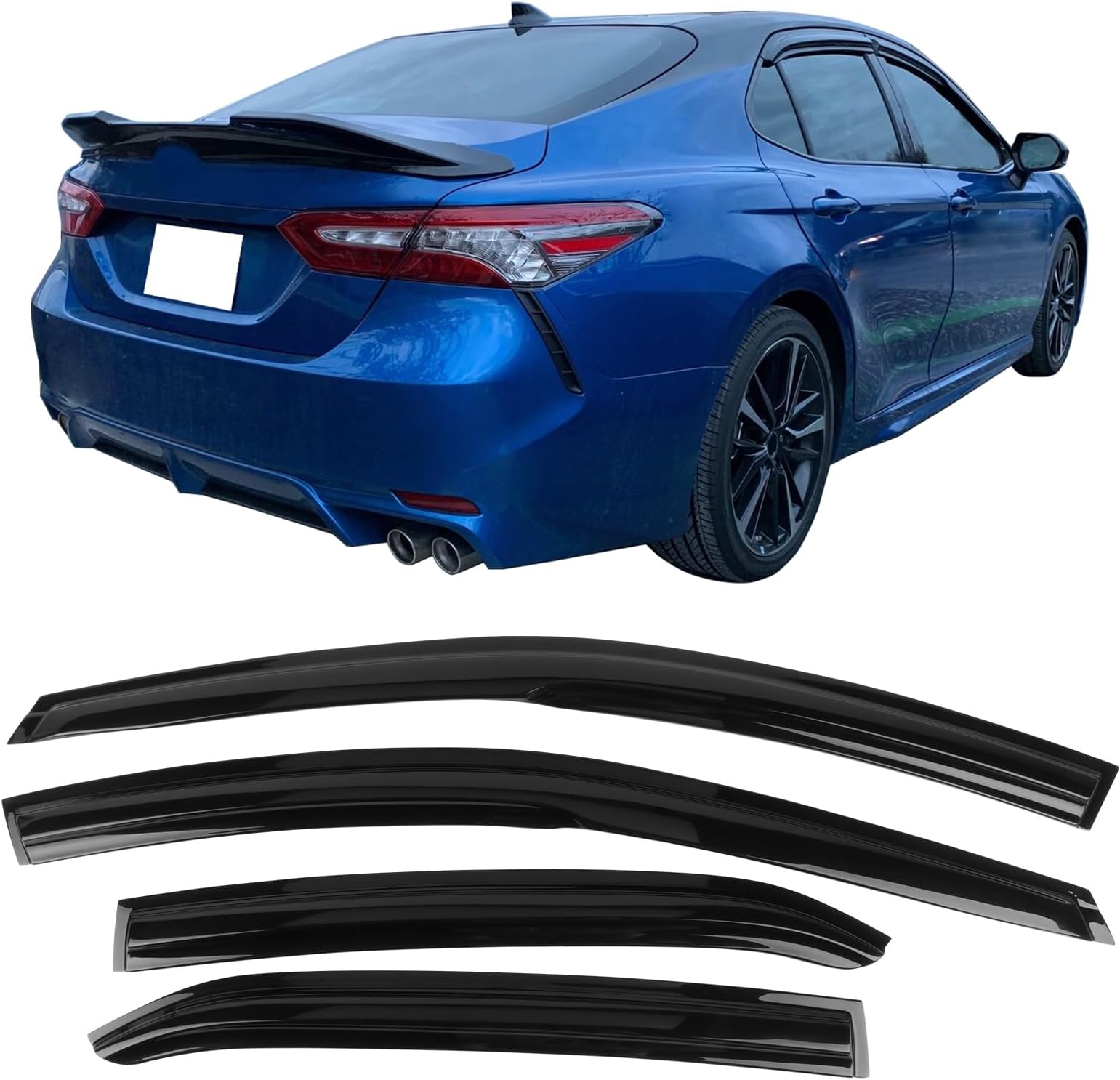 Tape on Outside Mount Window Visors Compatible with 2018-2024 Toyota Camry, Acrylic Unpainted Air Deflector Sun Rain Guard 4pc by IKON MOTORSPORTS, 2019 2020