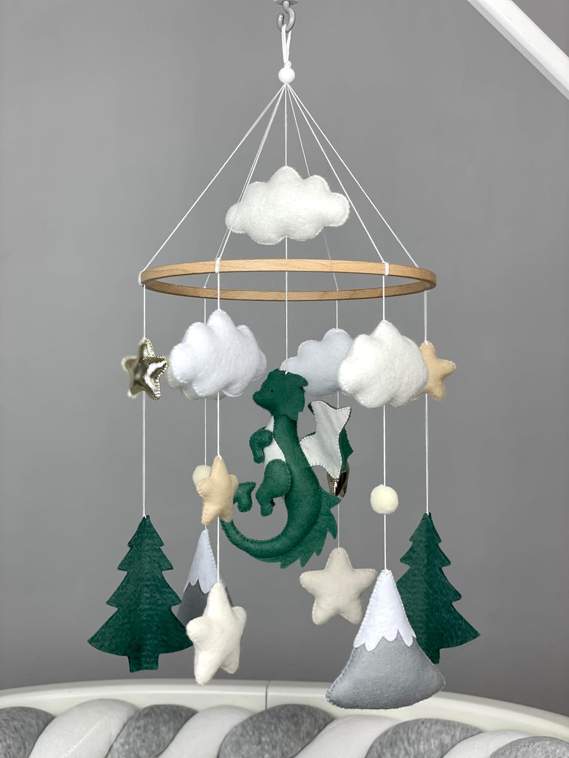 Dragon Mobile for Crib Fantasy Nursery Decor Neutral Mobile Mountain Green Dragon Felt Hanging Fantasy Baby Shower New Baby Gift Newborn Expecting mom Gift