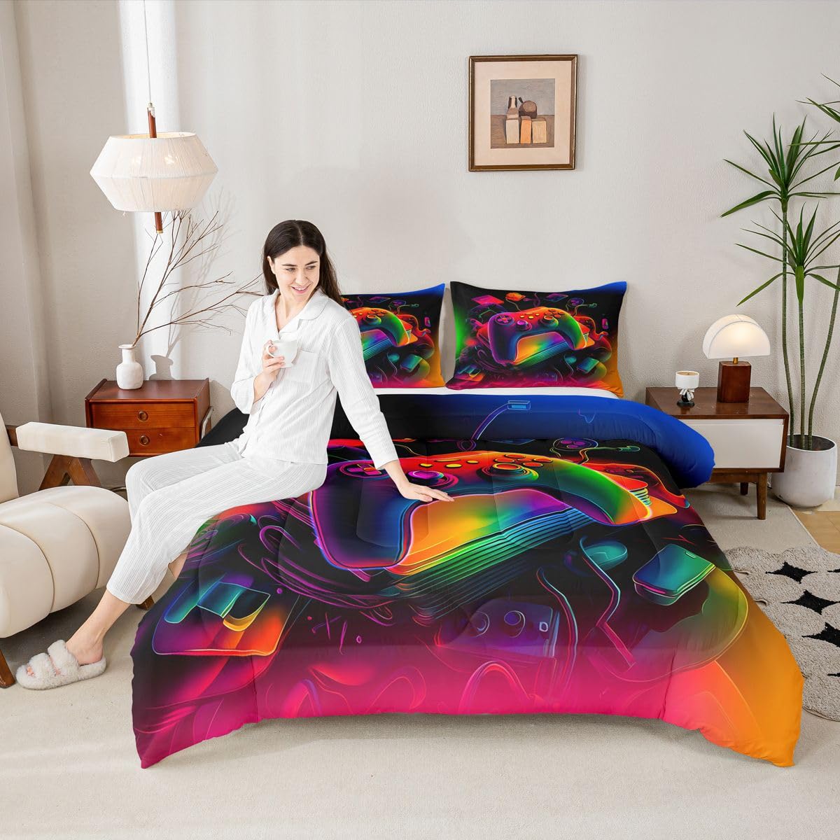 Homewish Gamer King Size Zestaw Pościeli - Konsole do gier Zestaw Pościeli Nowoczesny Zestaw Kołdry Do Gier - Abstrakcyjna kołdra Vintage Bez Poszwa