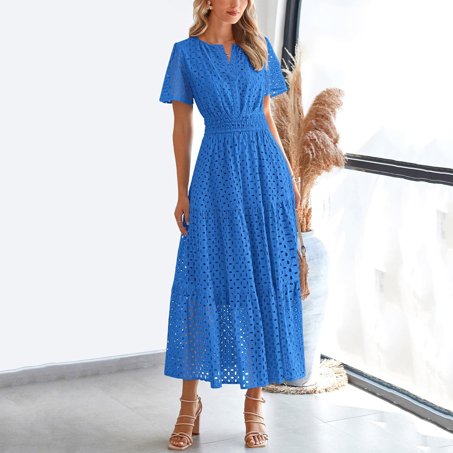 Vestidos de Verano, Vestido de Manga Corta con Ojales, Cuello en V,Vestidos playeros Largos y fluidos, Estilo Bohemio, Elegante, Informal, Largo, con Bolsillos, Vestido de Verano Informal.