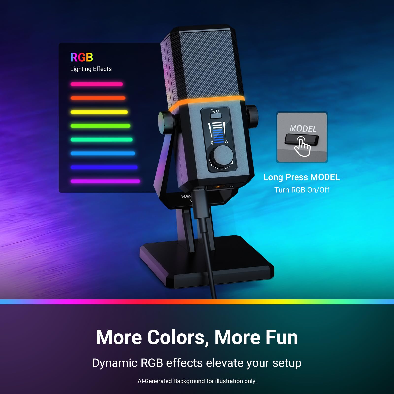 NEEWER UM02 Mikrofon RGB USB do strumieniowego przesyłania podcastów, kardioidalny pojemnościowy mikrofon biurkowy z redukcją szumów do monitorowania słuchawek, kompatybilny z iPhone iPad Mac PC
